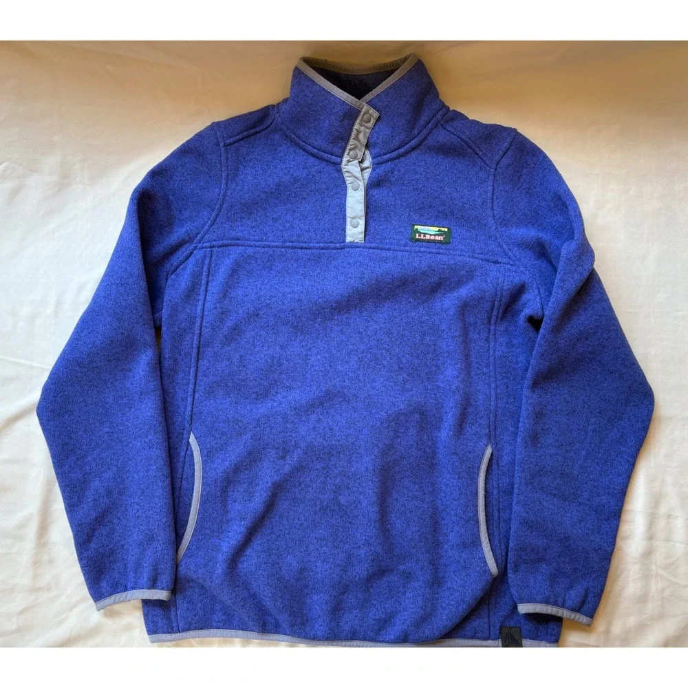 LL Bean Sweater Fleece Pullover Womens Medium Blue Snap Neck Jacket 292726